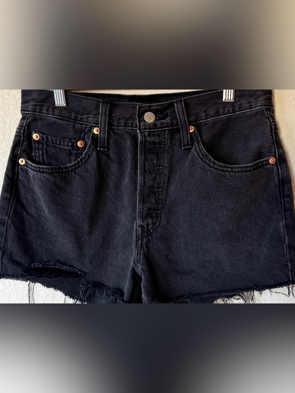 Levi’s 501 Black Denim Shorts Button Fly Raw Hem Distressed W28